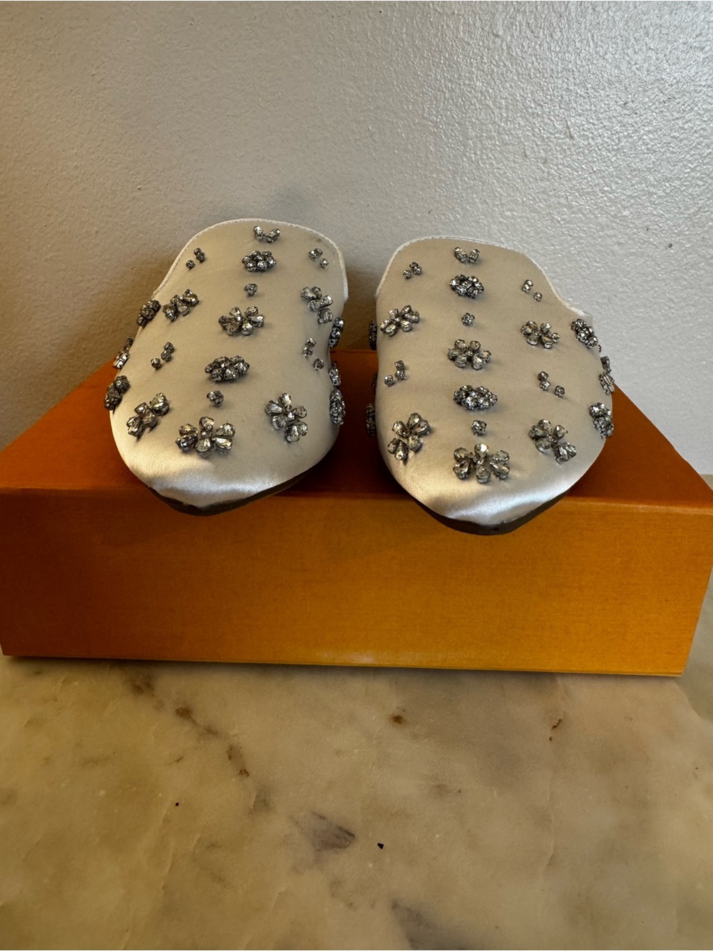 Birdies Women's White Jeweled Satin Mules - Picture 4 of 13